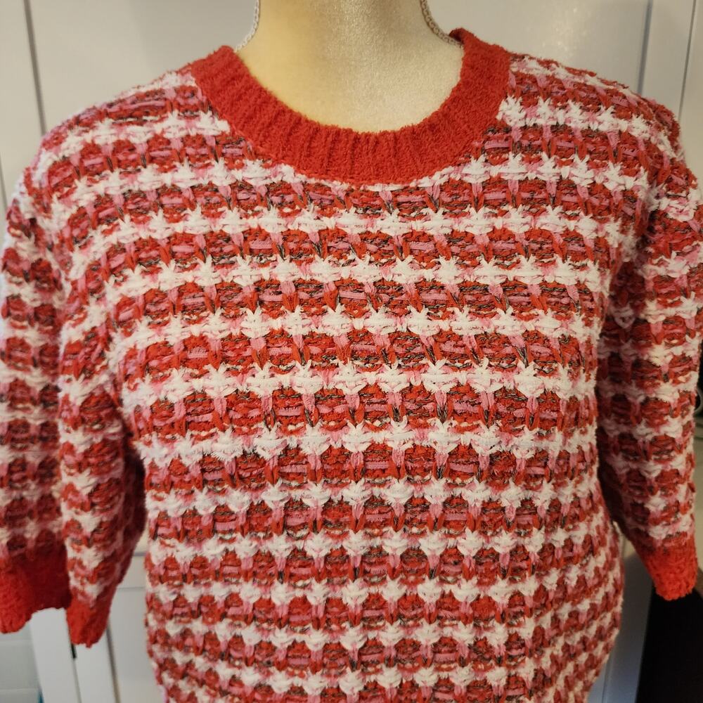 Ann Taylor Women's Pink White Red Short Sleeve Knit Ribbed Sweater Size Small - Picture 3 of 6